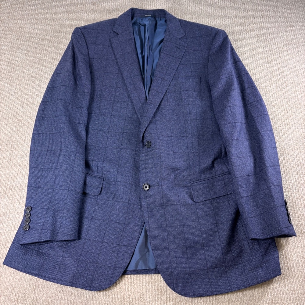 Ermenegidlo Zegna Navy Blue Windowpane Plaid Wool Mila Blazer Sz EU 54L / US 44L